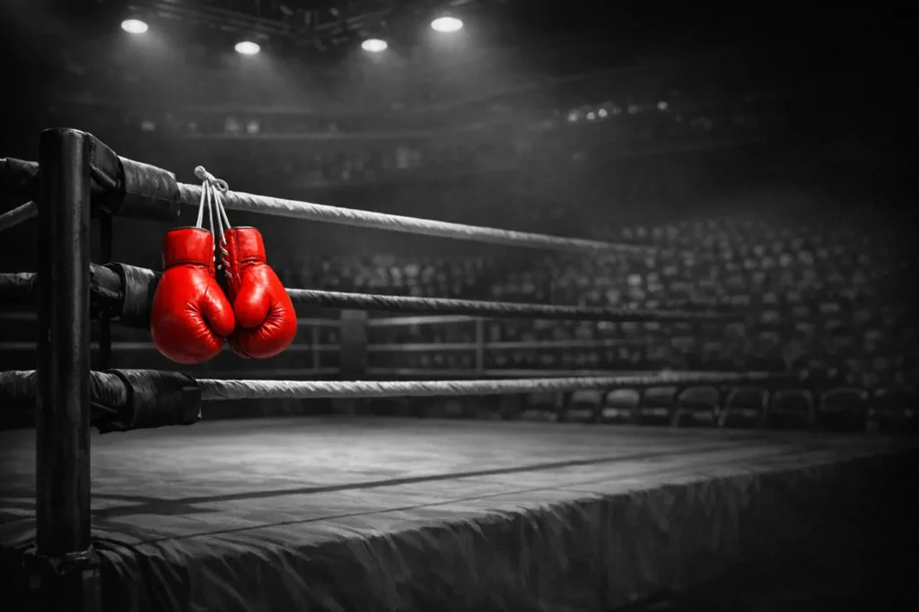 Boxing betting: an empty ring under arena lights with red gloves hanging on the ropes