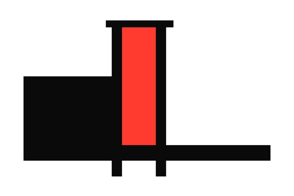 A sluice gate lowered almost shut in red, holding back a full channel and letting a thin stream through